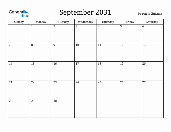 September 2031 Calendar French Guiana