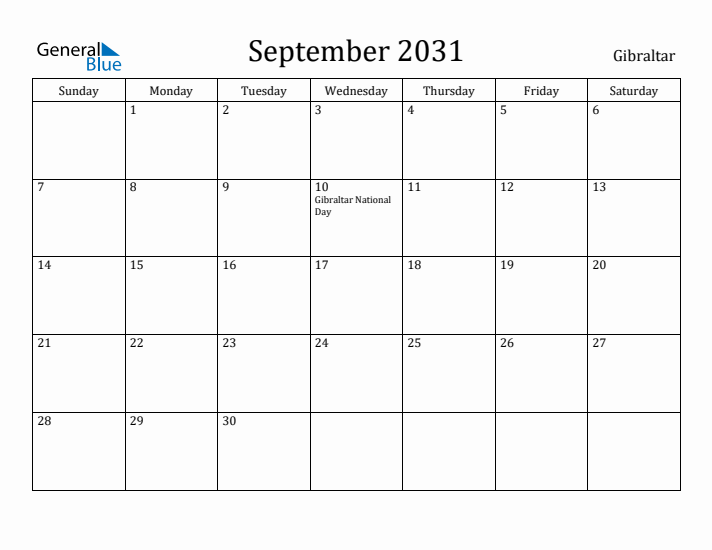 September 2031 Calendar Gibraltar