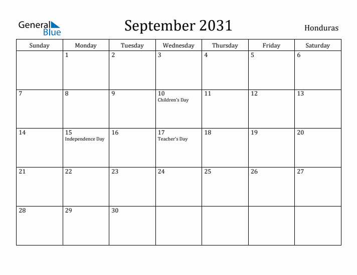 September 2031 Calendar Honduras