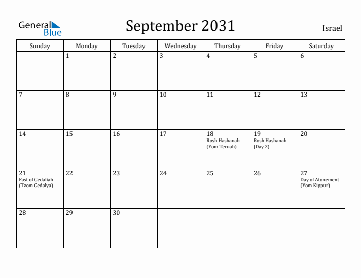 September 2031 Calendar Israel