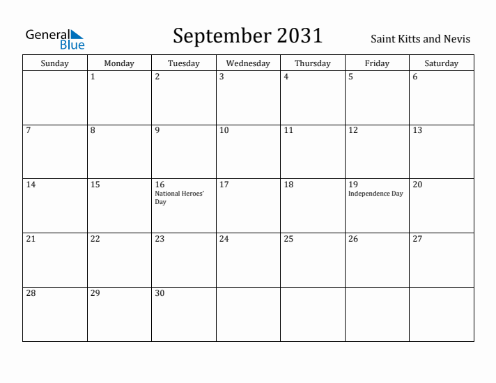 September 2031 Calendar Saint Kitts and Nevis