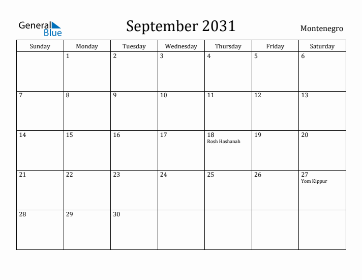 September 2031 Calendar Montenegro
