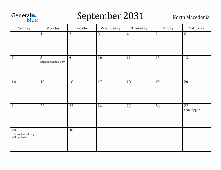 September 2031 Calendar North Macedonia
