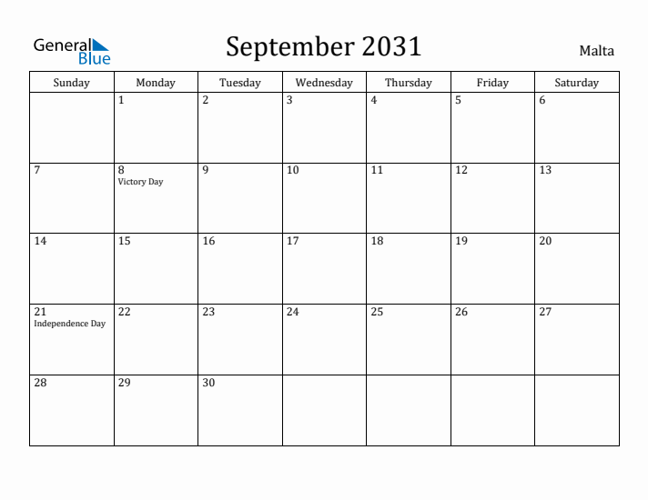 September 2031 Calendar Malta