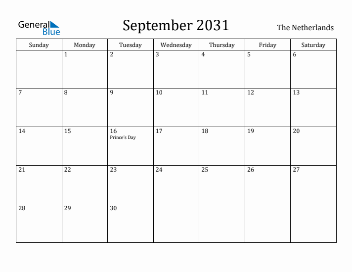 September 2031 Calendar The Netherlands