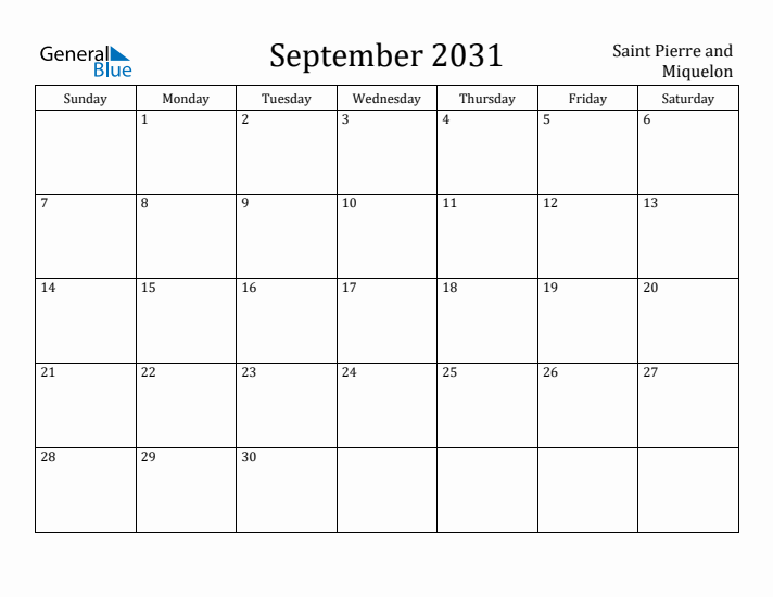 September 2031 Calendar Saint Pierre and Miquelon