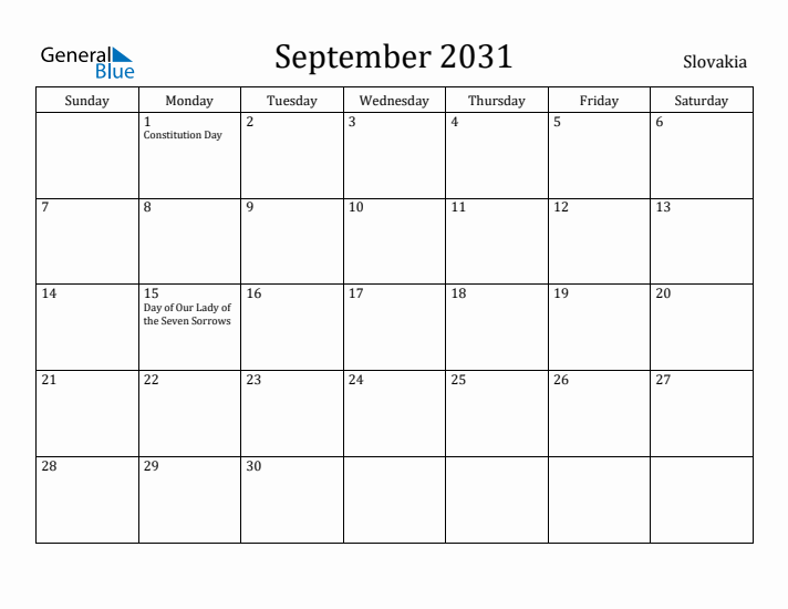 September 2031 Calendar Slovakia