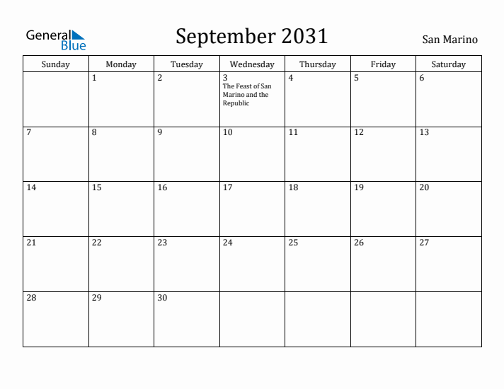September 2031 Calendar San Marino