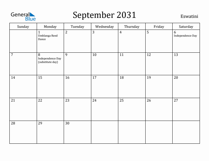 September 2031 Calendar Eswatini