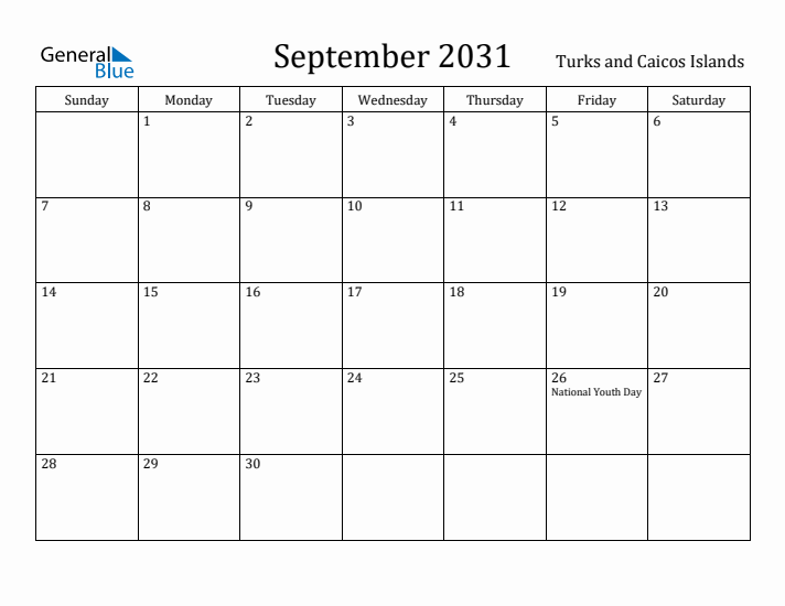 September 2031 Calendar Turks and Caicos Islands