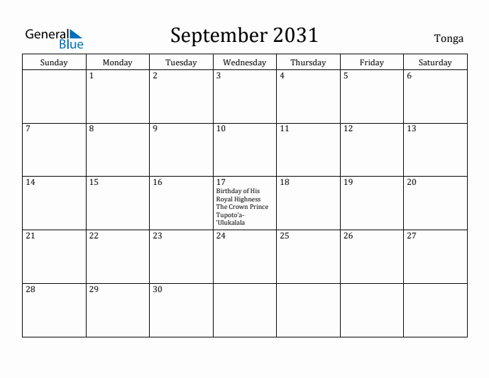 September 2031 Calendar Tonga
