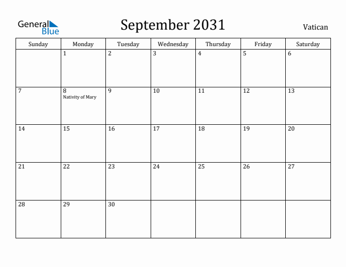September 2031 Calendar Vatican