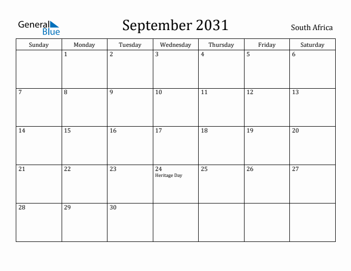 September 2031 Calendar South Africa