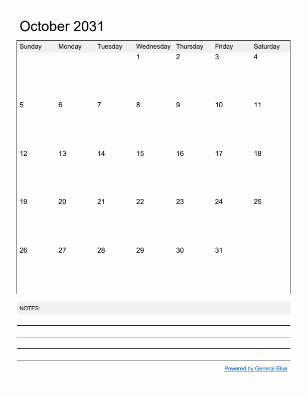Basic Monthly Calendar Template for October 2031