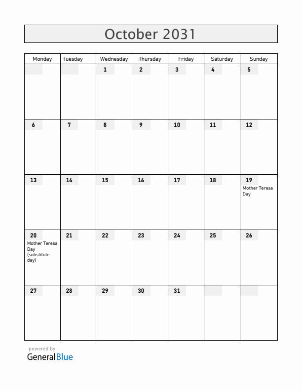 Albania October 2031 Calendar with Holidays