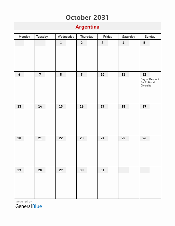 Argentina October 2031 Calendar with Holidays