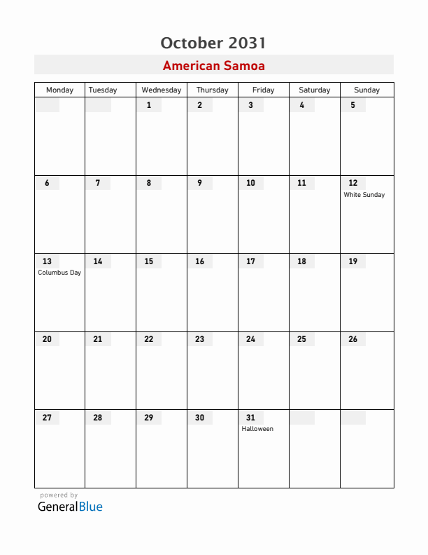 American Samoa October 2031 Calendar with Holidays
