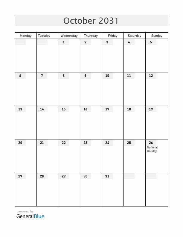 Austria October 2031 Calendar with Holidays