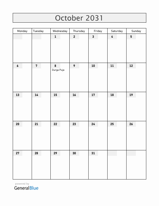 Bangladesh October 2031 Calendar with Holidays