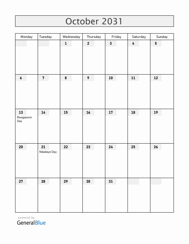 Burundi October 2031 Calendar with Holidays