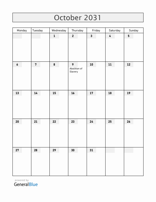 Saint Barthelemy October 2031 Calendar with Holidays