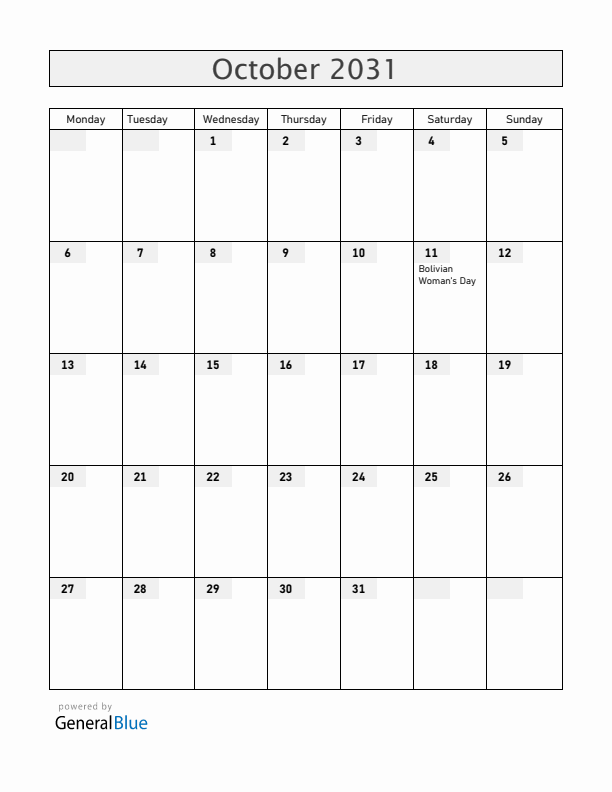 Bolivia October 2031 Calendar with Holidays