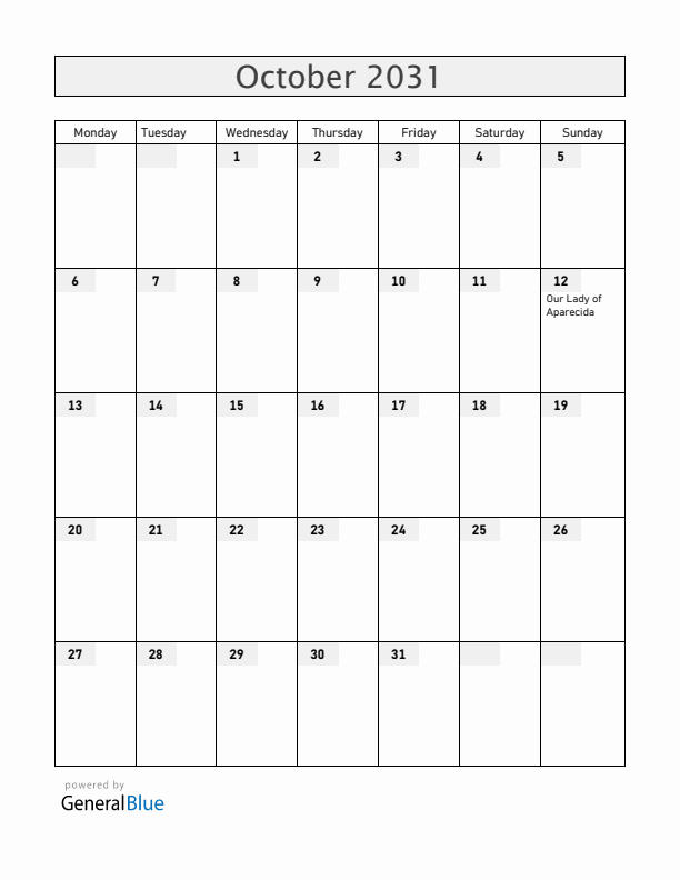 Brazil October 2031 Calendar with Holidays