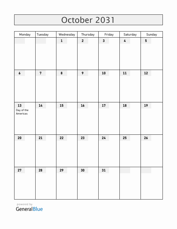 Belize October 2031 Calendar with Holidays
