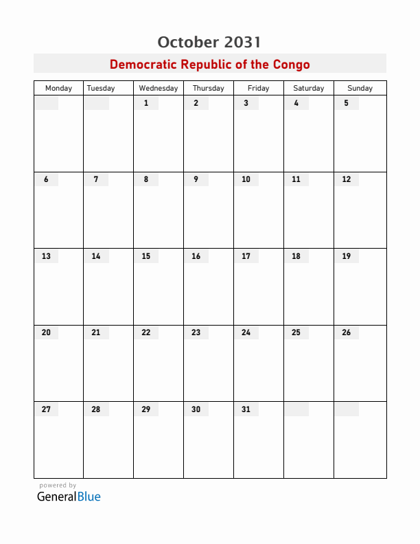 Democratic Republic of the Congo October 2031 Calendar with Holidays