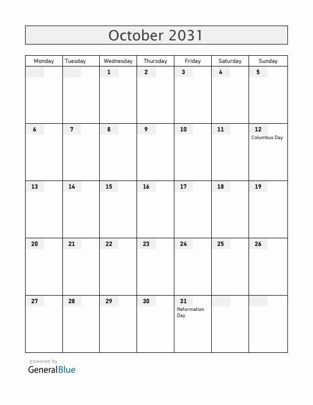 Chile October 2031 Calendar with Holidays
