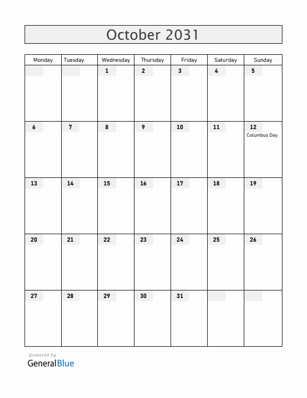Costa Rica October 2031 Calendar with Holidays