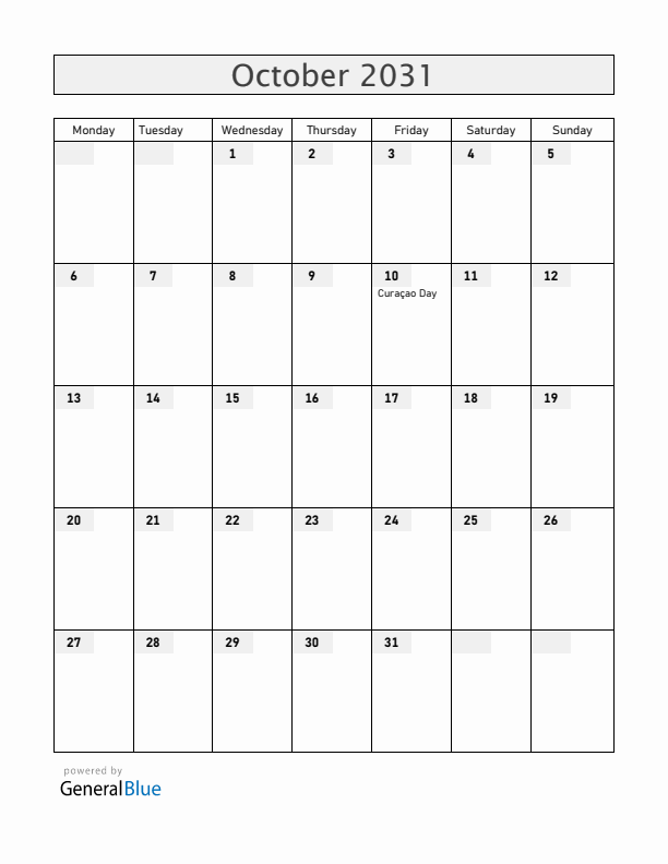 Curacao October 2031 Calendar with Holidays