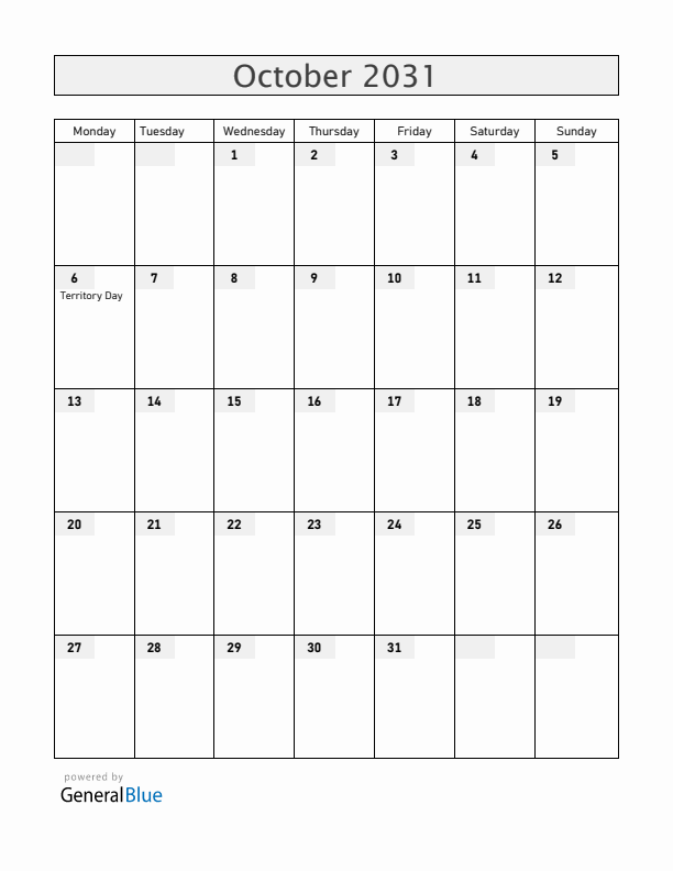 Christmas Island October 2031 Calendar with Holidays
