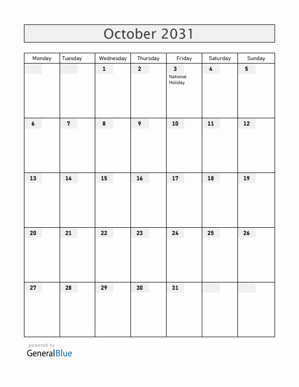 Germany October 2031 Calendar with Holidays