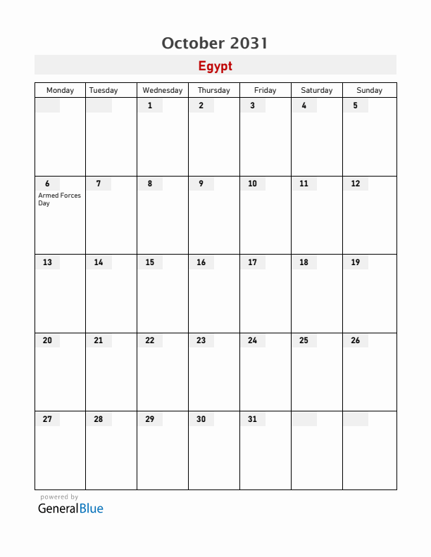 Egypt October 2031 Calendar with Holidays