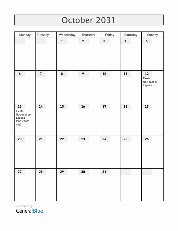 Spain October 2031 Calendar with Holidays
