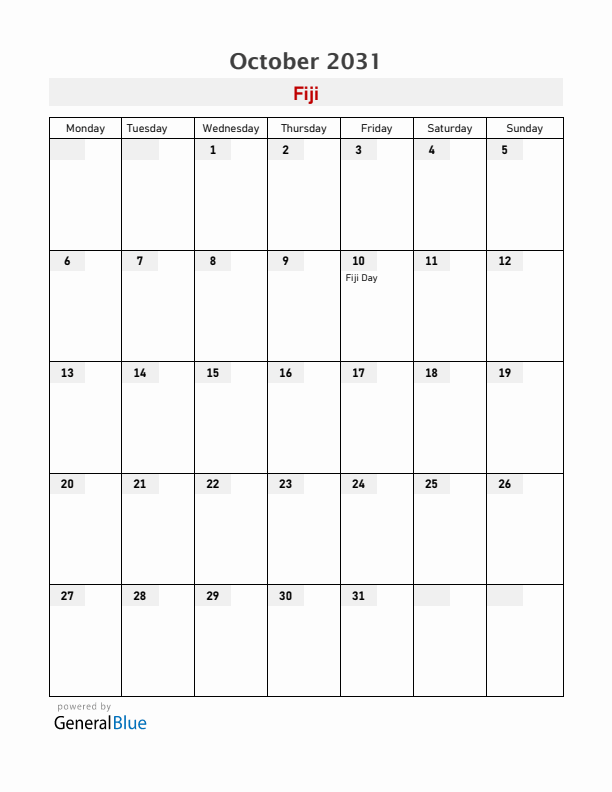 Fiji October 2031 Calendar with Holidays