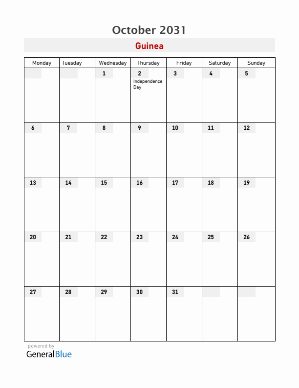 Guinea October 2031 Calendar with Holidays