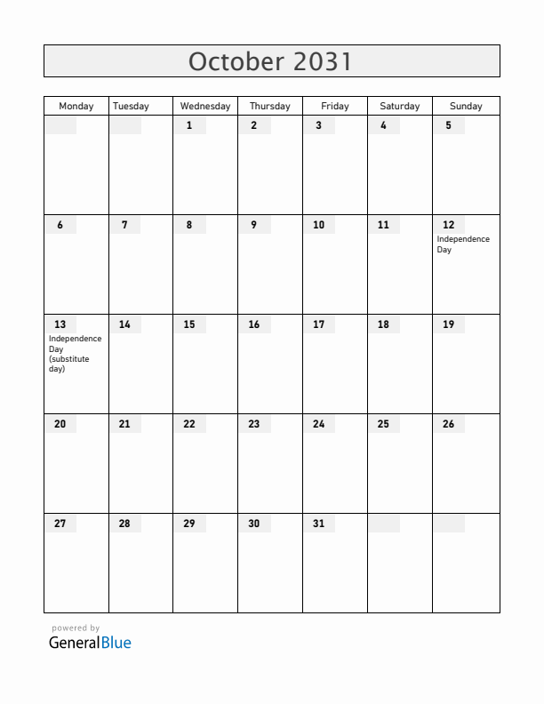 Equatorial Guinea October 2031 Calendar with Holidays