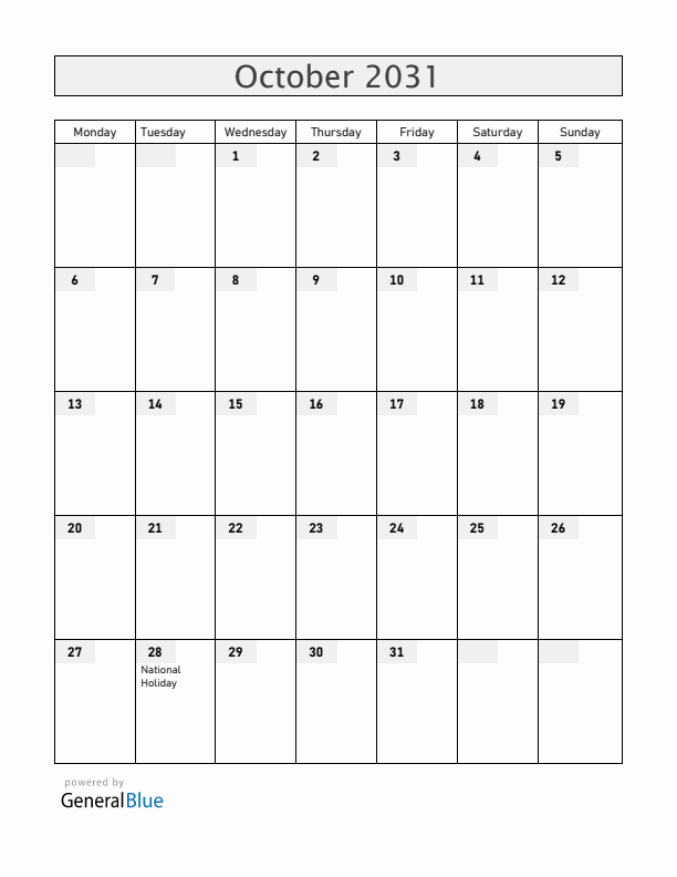 Greece October 2031 Calendar with Holidays