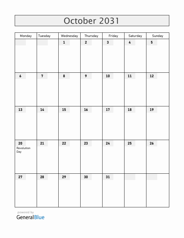 Guatemala October 2031 Calendar with Holidays