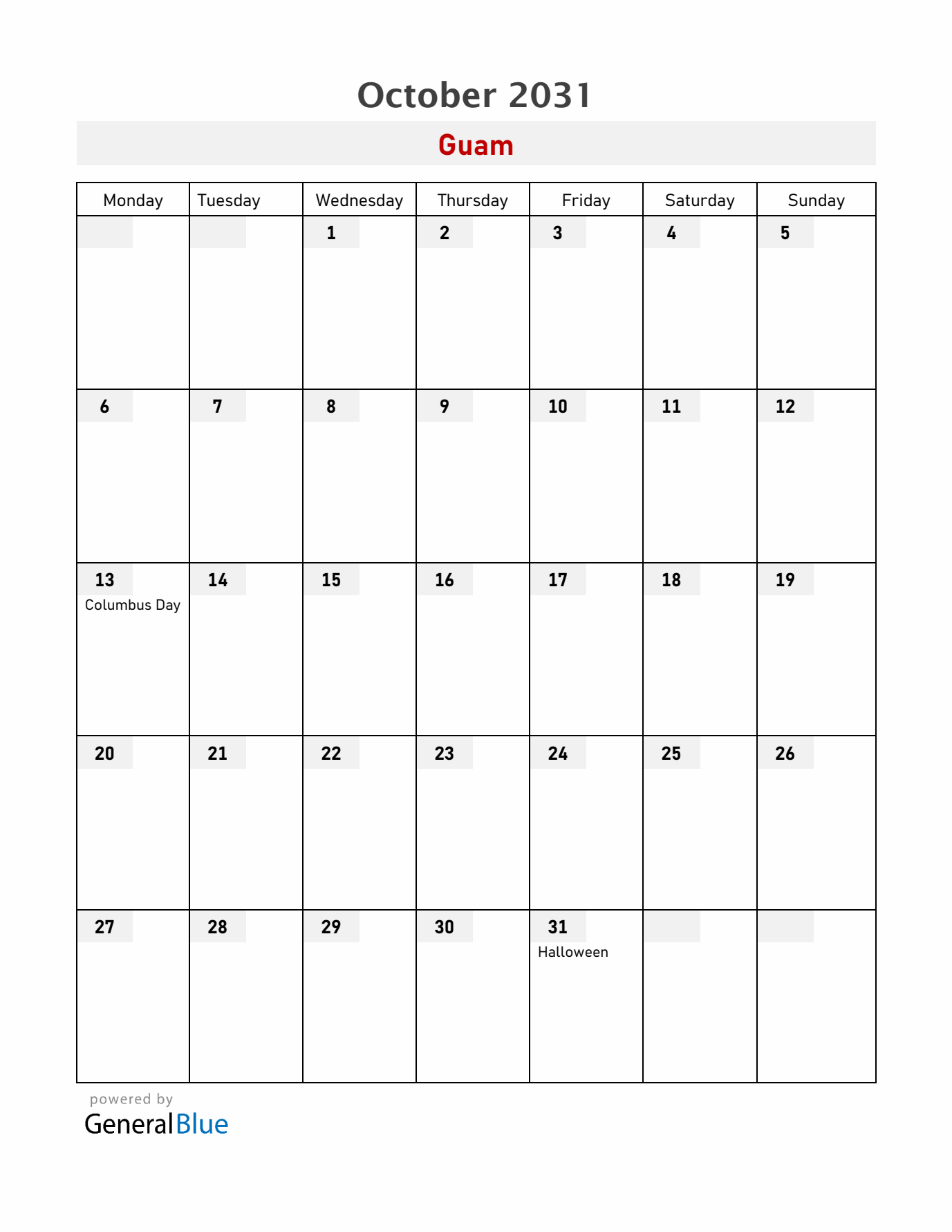 Guam October 2031 Calendar with Holidays