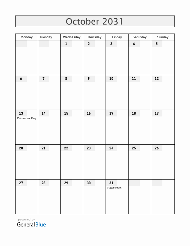Guam October 2031 Calendar with Holidays
