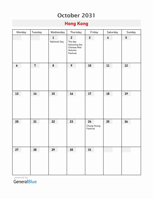 Hong Kong October 2031 Calendar with Holidays