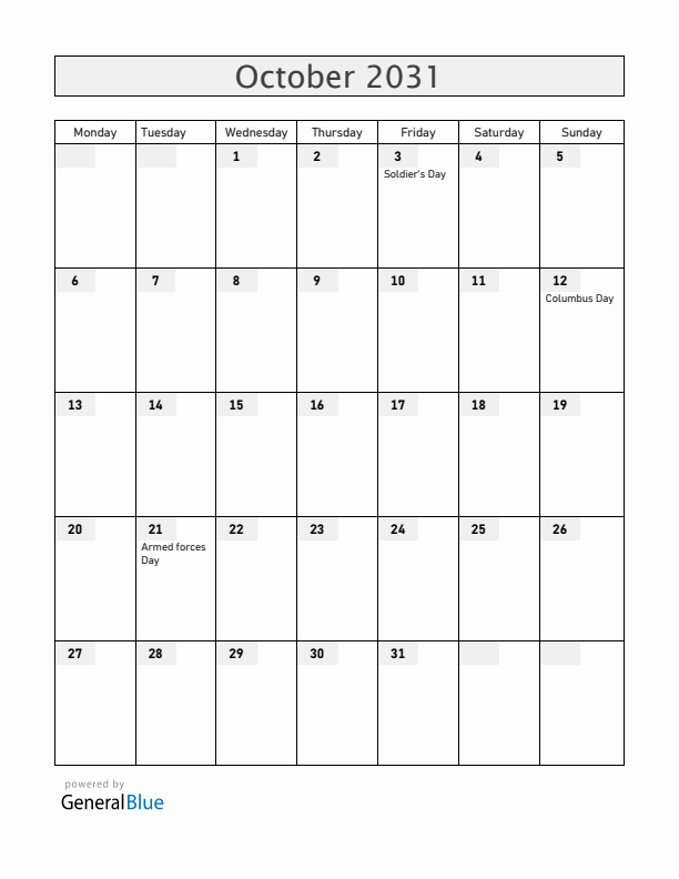 Honduras October 2031 Calendar with Holidays
