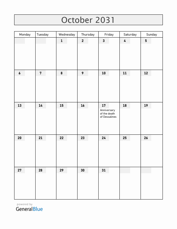Haiti October 2031 Calendar with Holidays