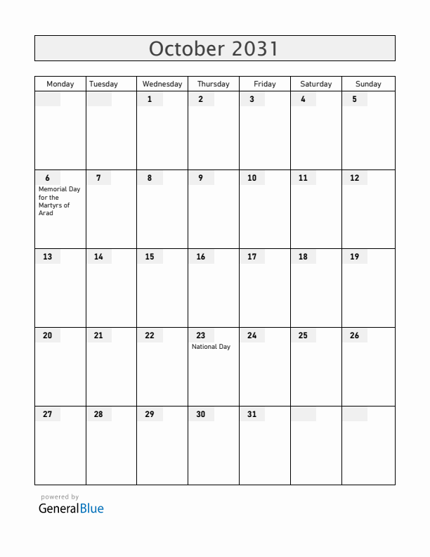 Hungary October 2031 Calendar with Holidays