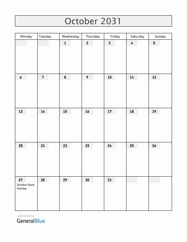 Ireland October 2031 Calendar with Holidays