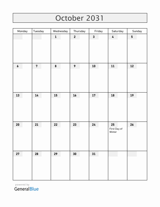 Iceland October 2031 Calendar with Holidays