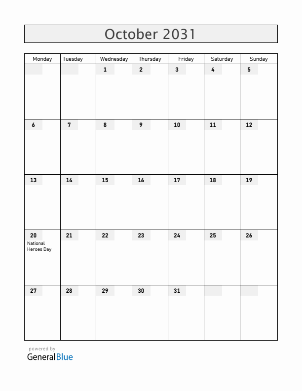 Jamaica October 2031 Calendar with Holidays